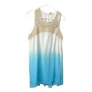 Sand & Spirit L White Blue Ombre Crochet Lace Sleeveless Tunic Top Boho Coastal